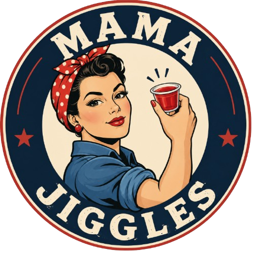 Mama Jiggles logo — a vintage Rosie-the-Riveter style woman holding a Jell-O shot